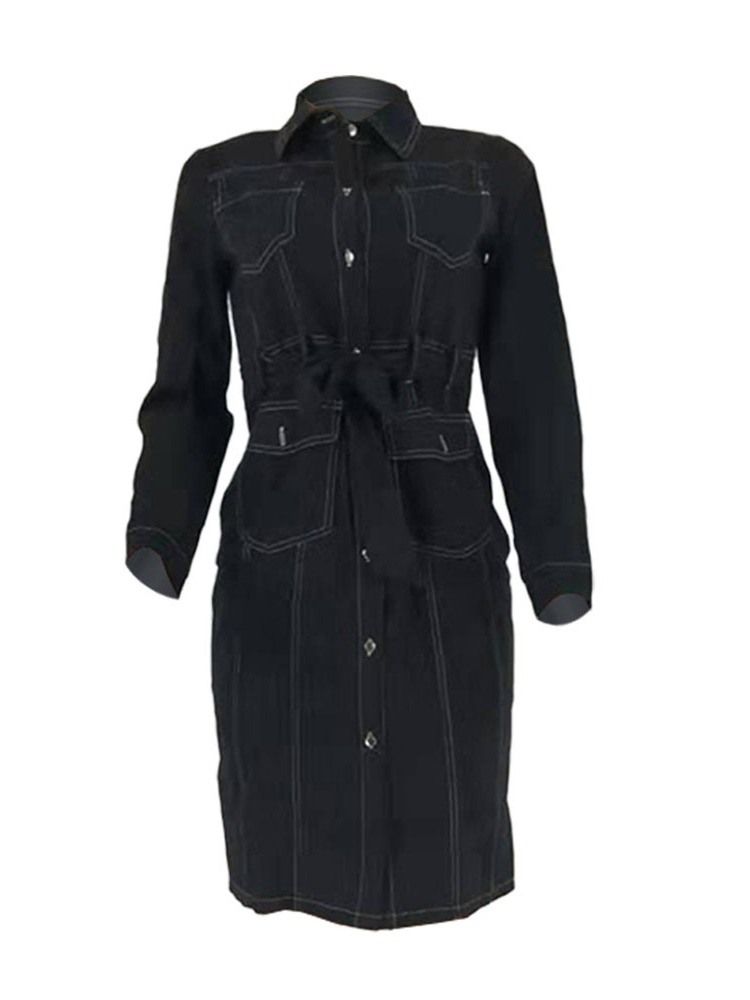Robe De Mode Unie À Manches Longues Et Revers Pour Femmes