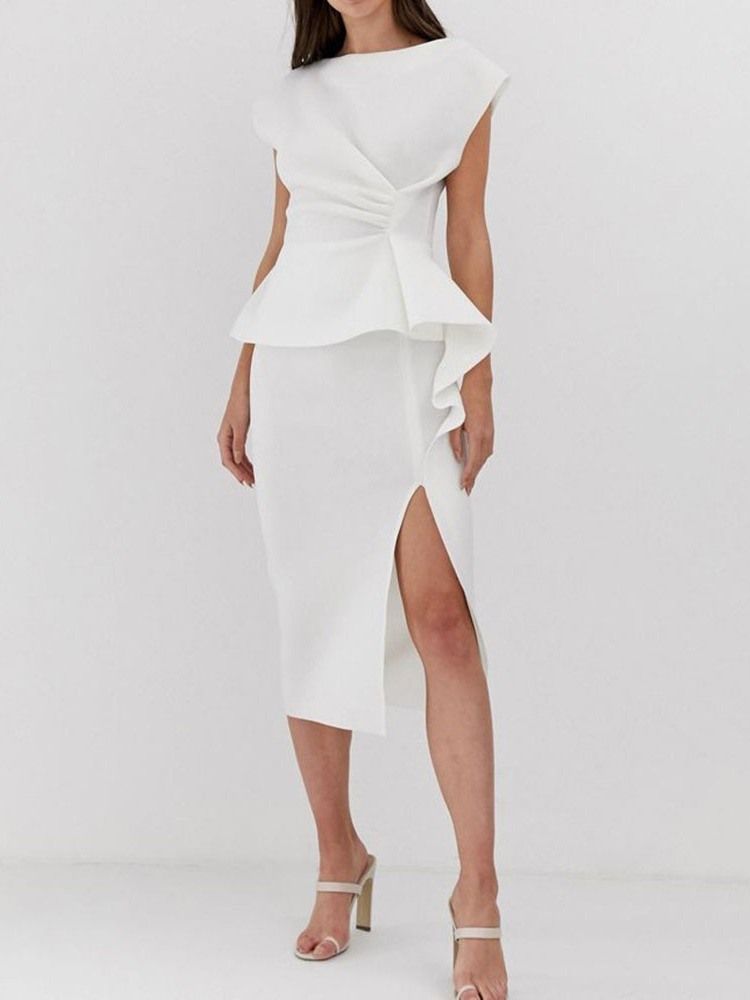 Robe Moulante Blanche À Manches Courtes Et À Volants Ol Mi-mollet Pour Femmes