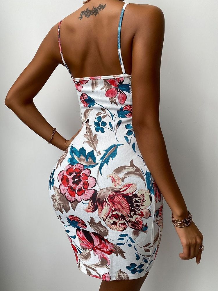 Robe Moulante Fleurie À Bretelles Spaghetti Sans Manches Imprimées Au-dessus Du Genou Pour Femmes