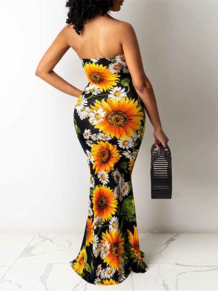 Robe Moulante À Fleurs Sexy Sans Manches Pour Femmes