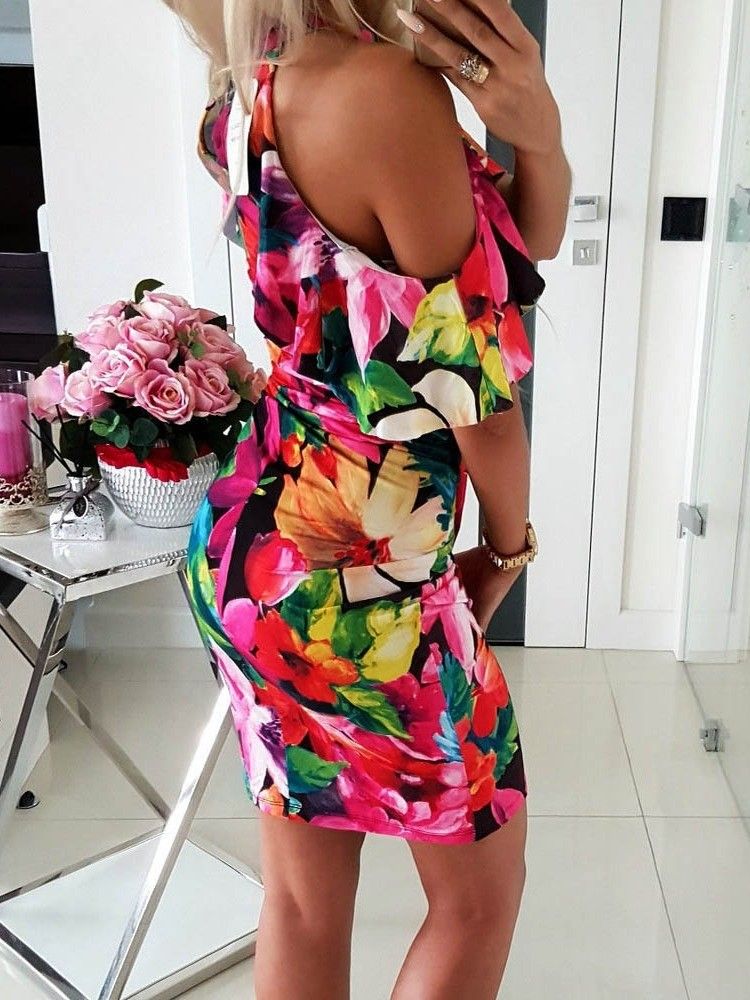 Robe Moulante À Imprimé Floral À Épaules Dénudées Au-dessus Du Genou Pour Femmes