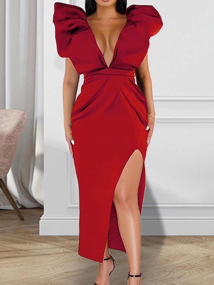 Robe Moulante À Manches Courtes Et À Encolure En V Pour Femmes