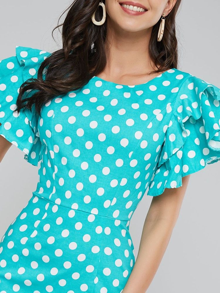 Robe Moulante À Manches Pétales Et À Pois Pour Femmes