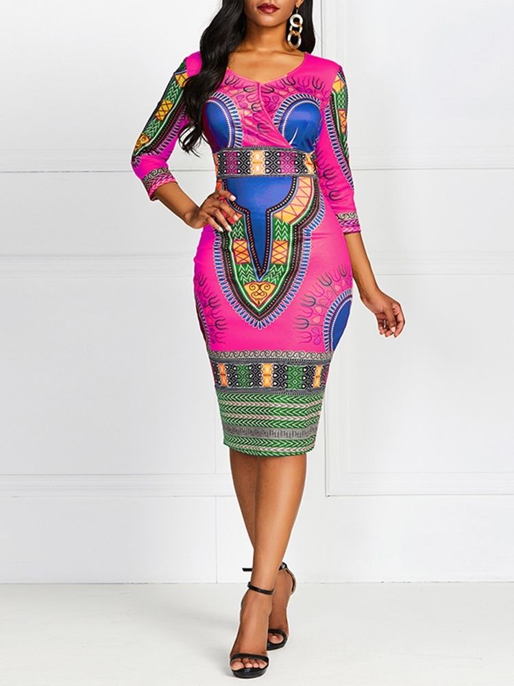 Robe Moulante À Manches Trois-quarts Et Col En V Pour Femmes