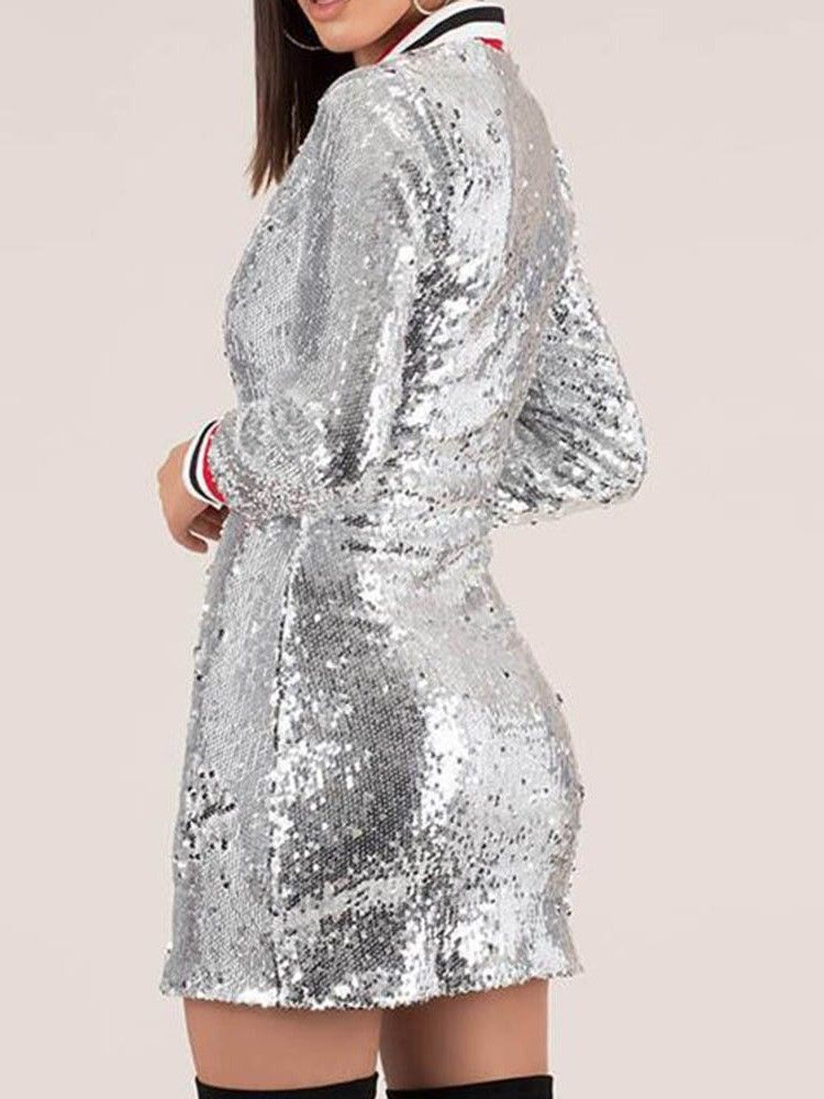 Robe Moulante À Revers À Manches Longues Et À Paillettes Pour Femmes