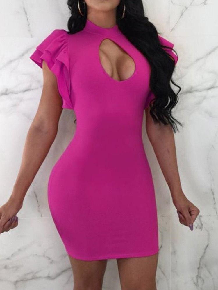 Robe Moulante Unie À Manches Courtes Et Col Montant Au-dessus Du Genou Pour Femmes