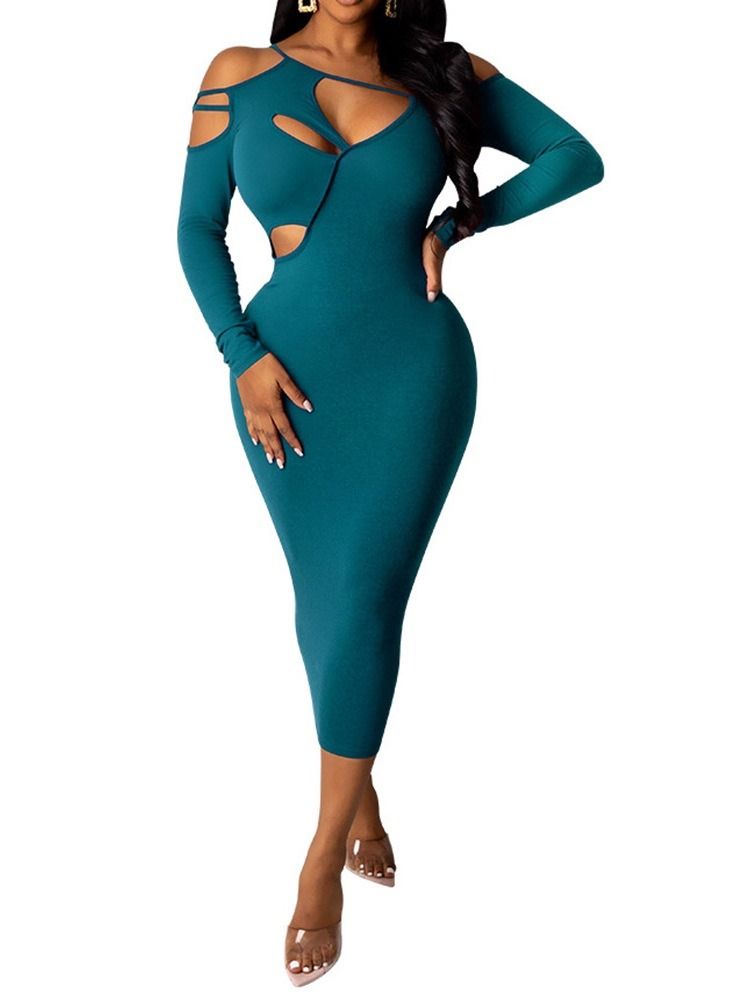 Robe Moulante Unie À Manches Longues Creuse Mi-mollet Pour Femme