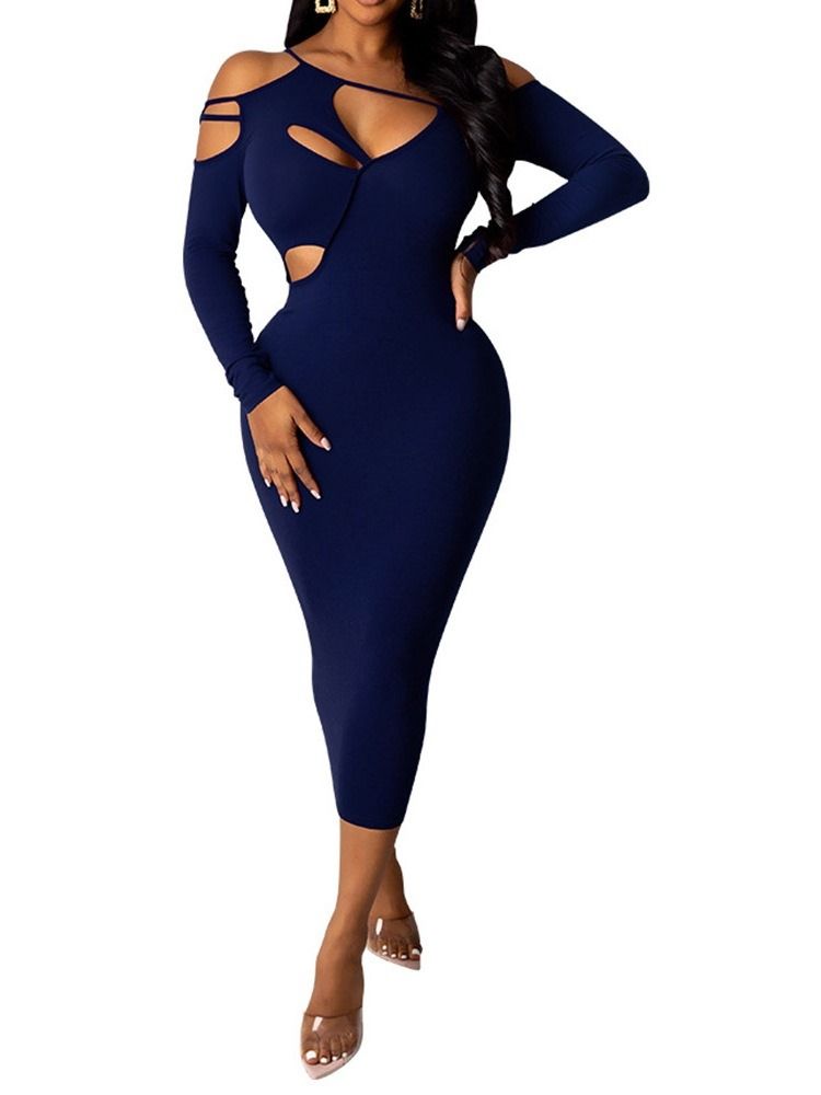Robe Moulante Unie À Manches Longues Creuse Mi-mollet Pour Femme