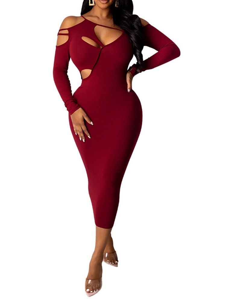 Robe Moulante Unie À Manches Longues Creuse Mi-mollet Pour Femme