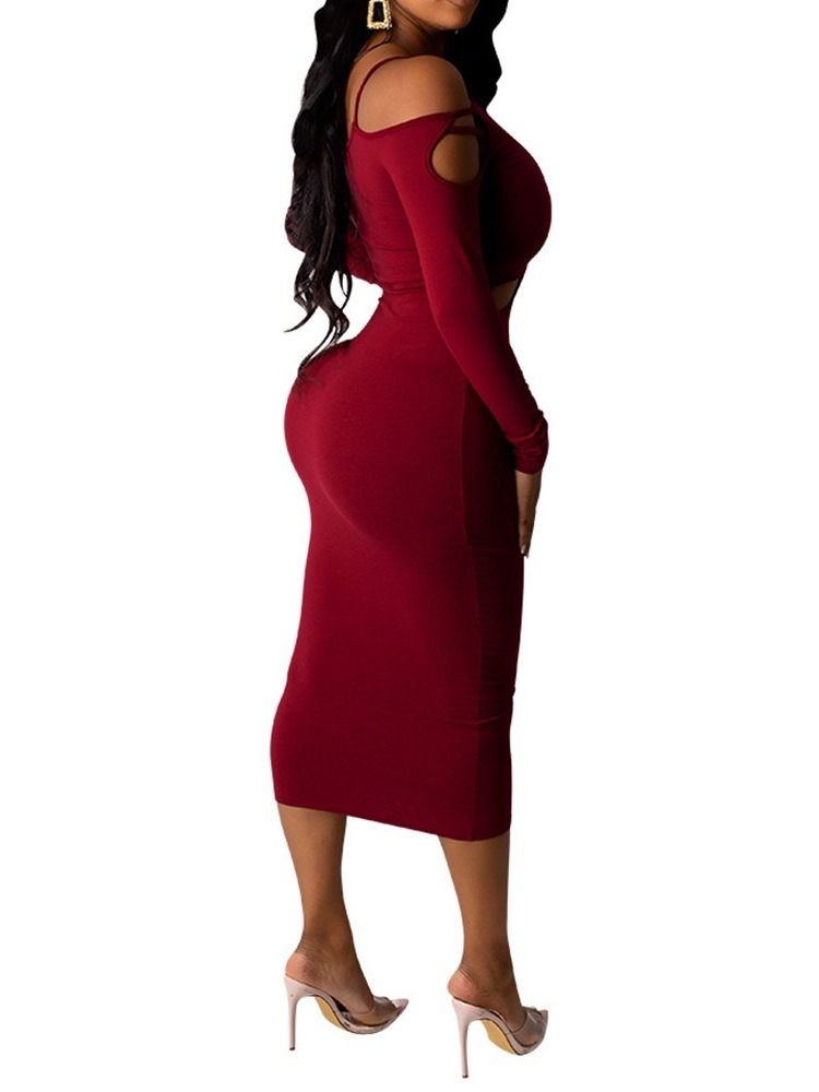 Robe Moulante Unie À Manches Longues Creuse Mi-mollet Pour Femme