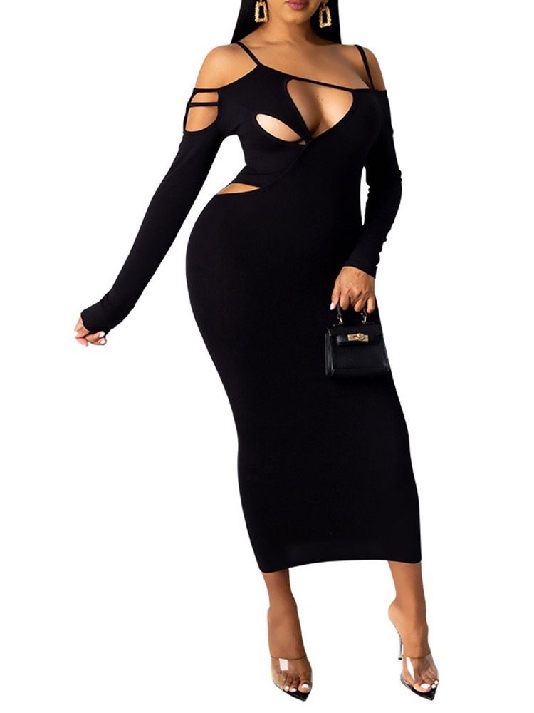 Robe Moulante Unie À Manches Longues Creuse Mi-mollet Pour Femme
