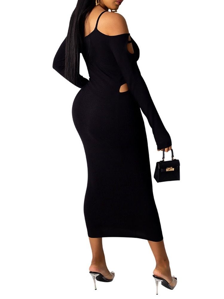 Robe Moulante Unie À Manches Longues Creuse Mi-mollet Pour Femme