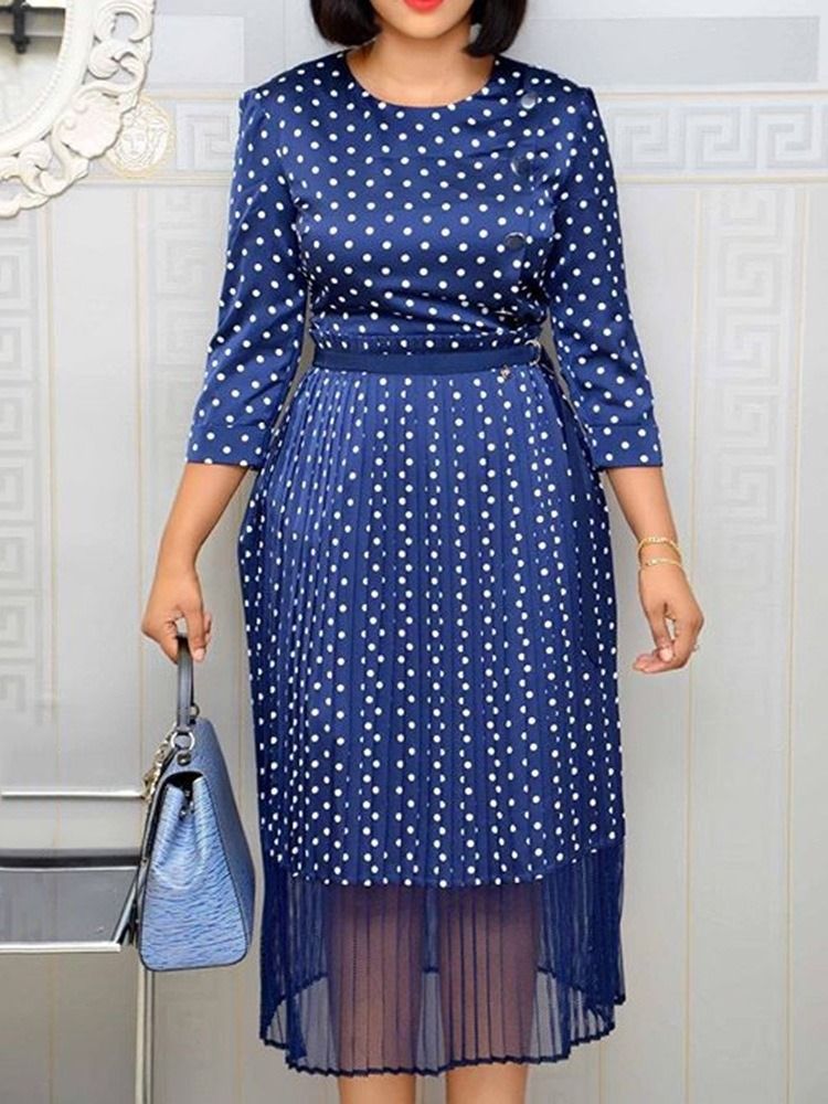 Robe À Pois À Taille Haute Et À Manches Imprimées Pour Femmes