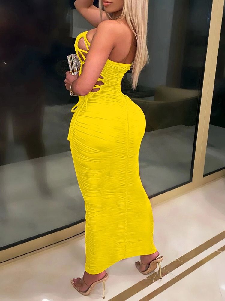Robe Sexy Unie Plissée Sans Manches Pour Femmes Longueur Cheville