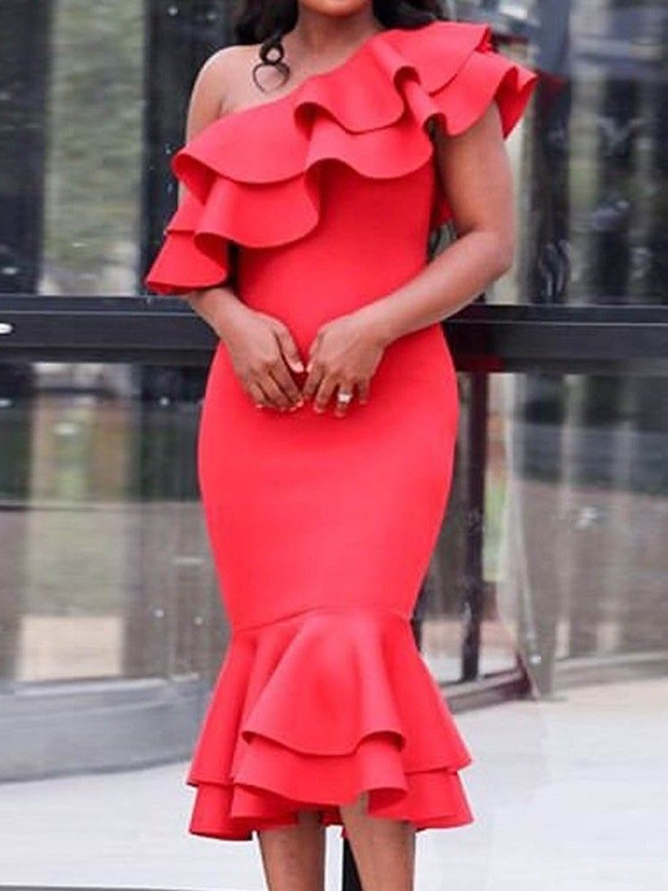 Robe À Une Épaule À Manches Longues Et Col Oblique Falbala Pour Femmes