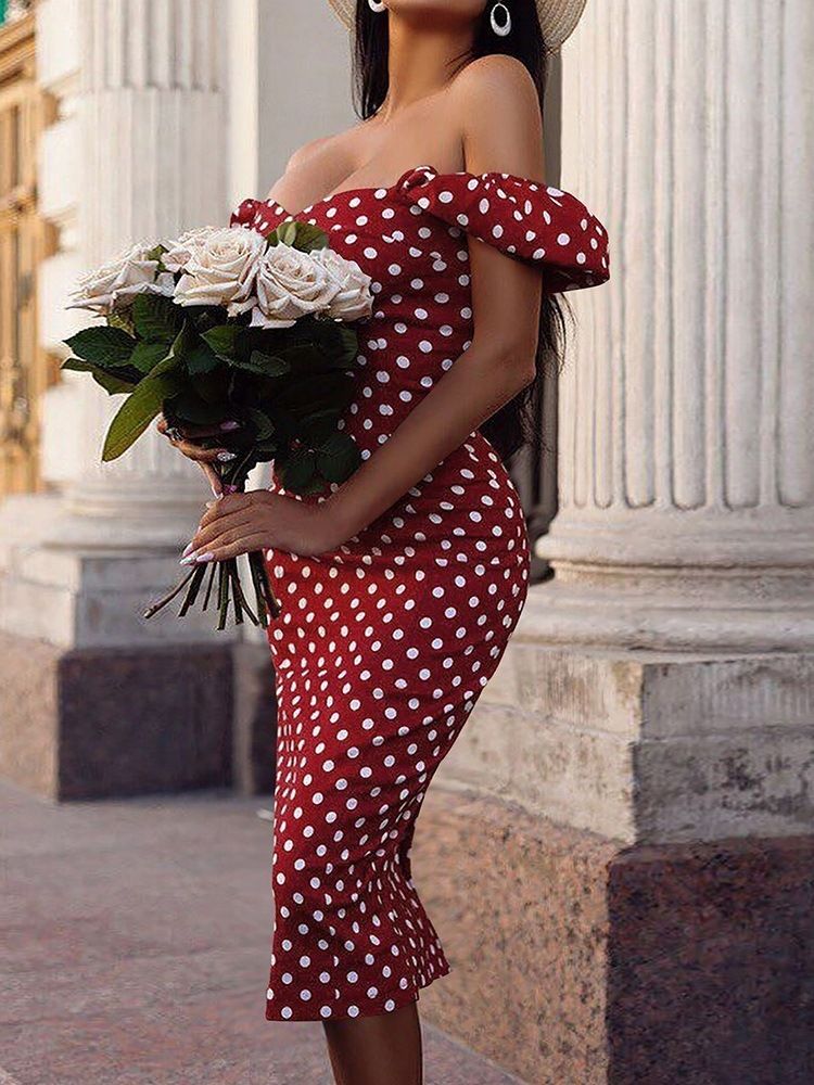 Robes Moulantes Sexy À Pois Mi-mollet À Manches Courtes Pour Femmes