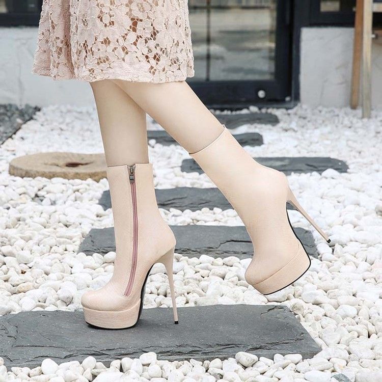 Bottines Pour Femmes À Bout Rond Et À Talons Aiguilles En Pu