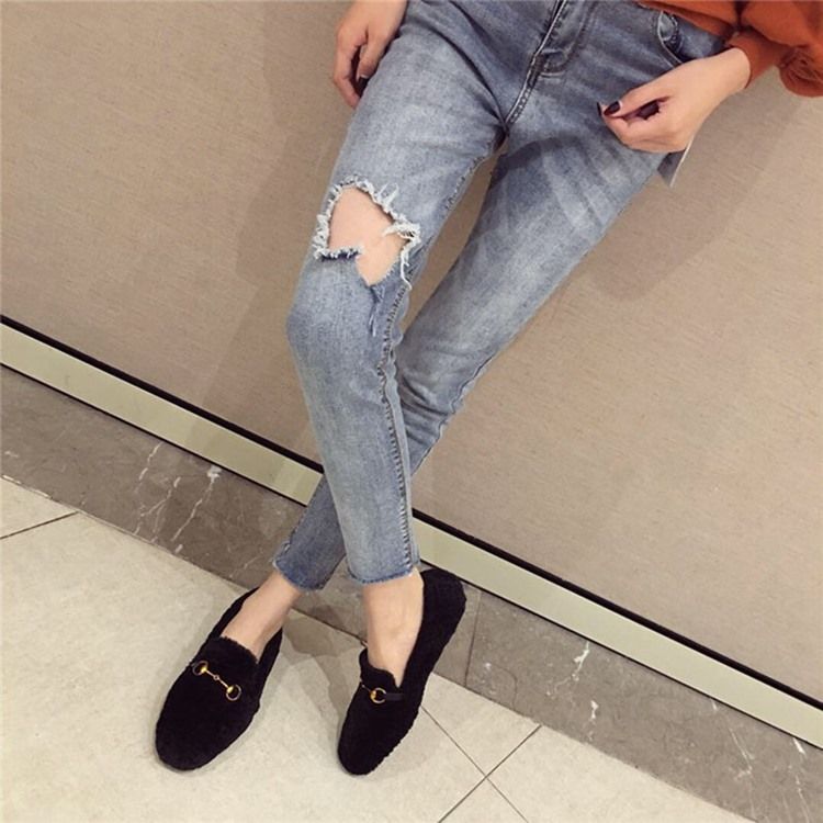 Fausse Fourrure Talon Bloc Bout Rond Slip-on Chaussures Plates Pour Femmes