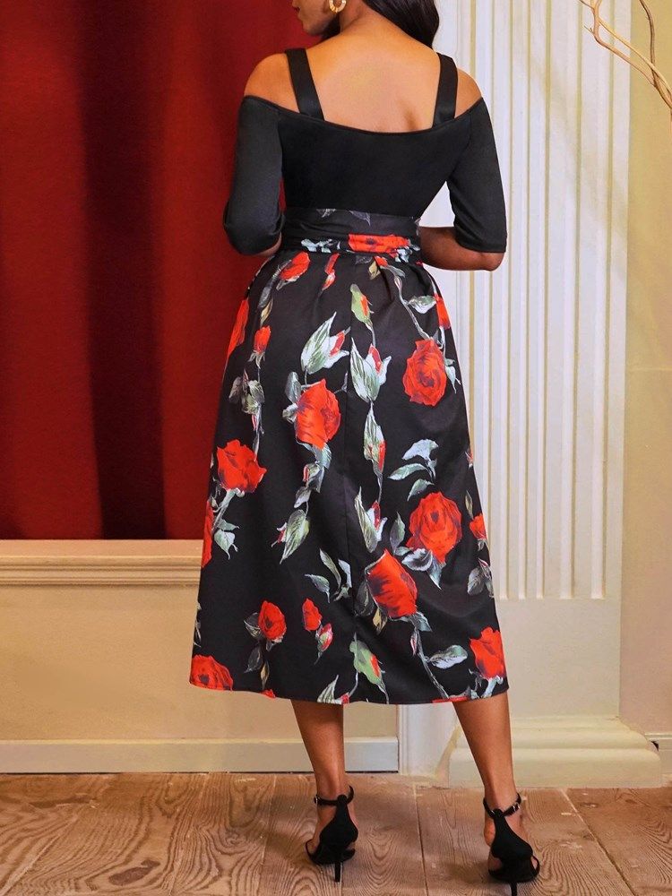 Robe À Ceinture À Épaules Dénudées Et À Manches Mi-mollet À Imprimé Floral