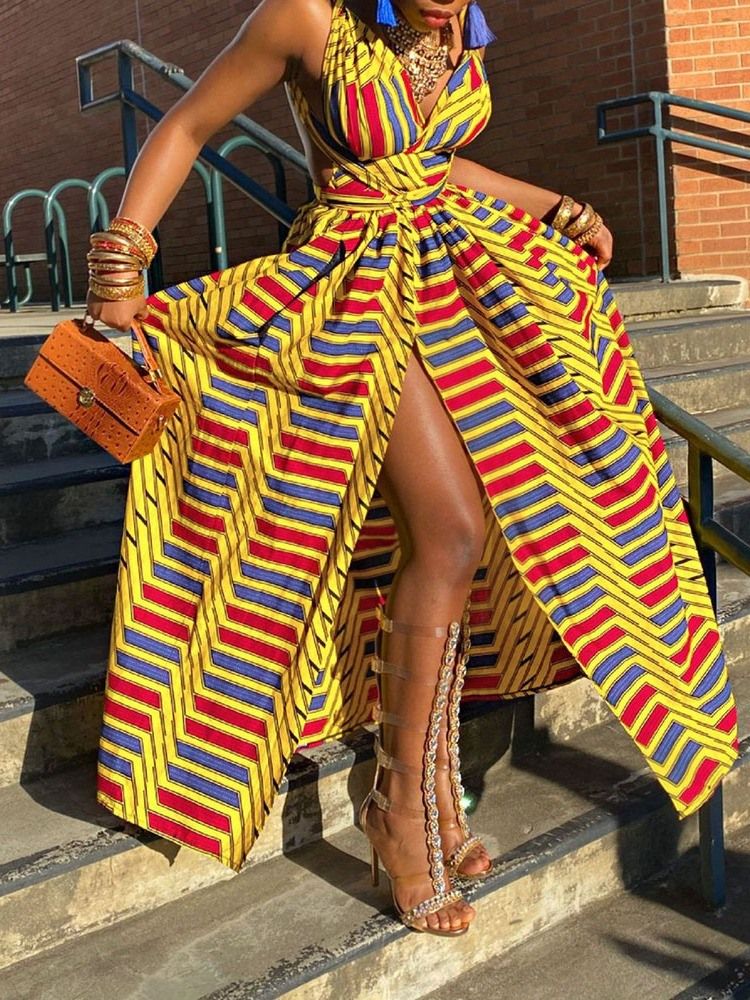 Robe Décontractée Géométrique Sans Manches À Col En V Pour Femmes