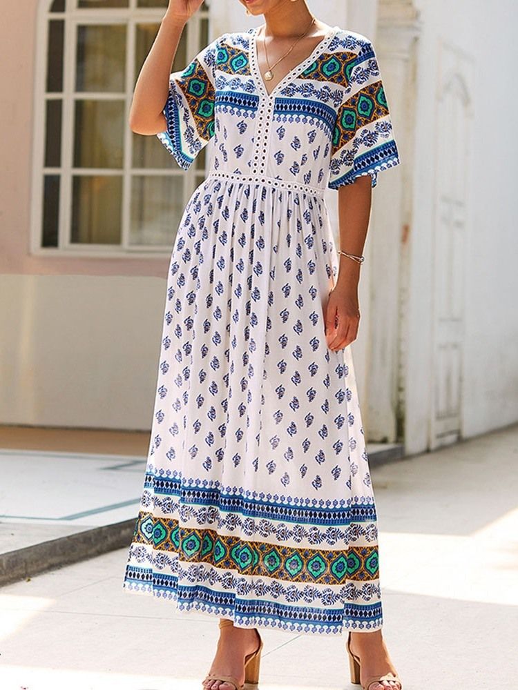 Robe D'été Mi-longue À Manches Longues Et À Col En V Pour Femmes