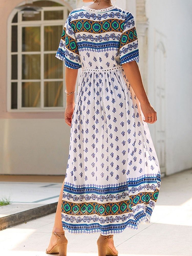 Robe D'été Mi-longue À Manches Longues Et À Col En V Pour Femmes