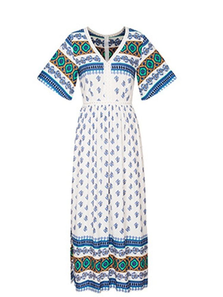 Robe D'été Mi-longue À Manches Longues Et À Col En V Pour Femmes