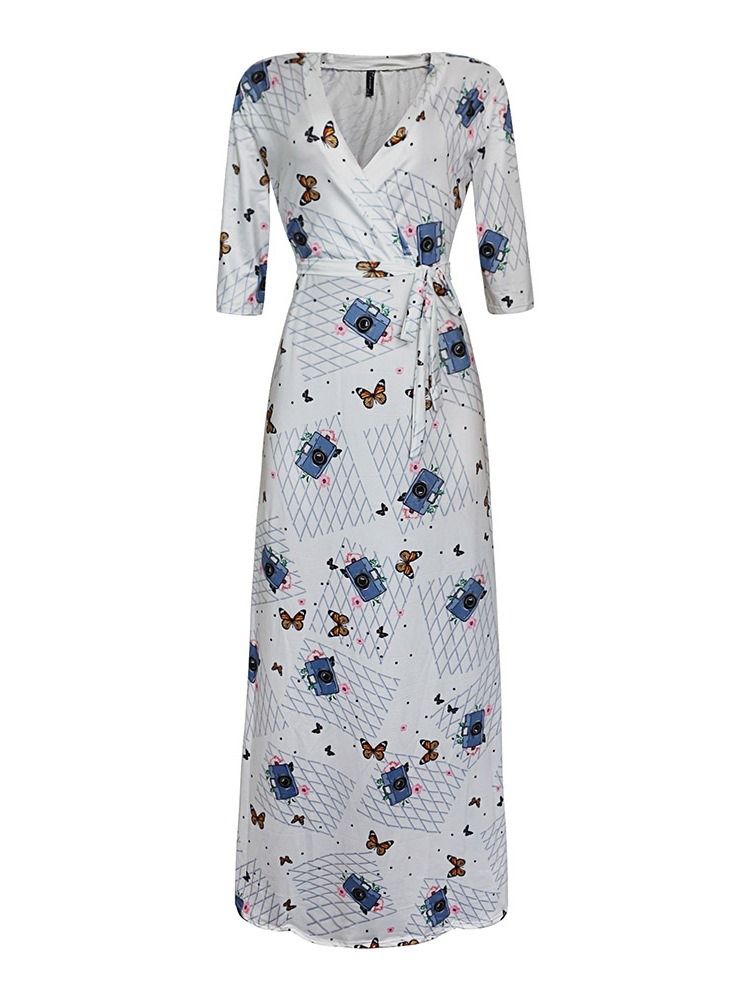 Robe Douce À Manches Trois-quarts Imprimées Au Sol Pour Femmes