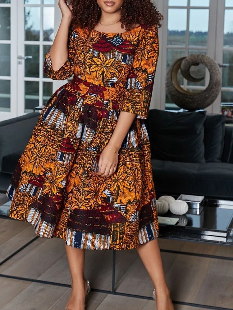 Robe Imprimée À Demi-manches Et Col Rond A-ligne Pour Femmes