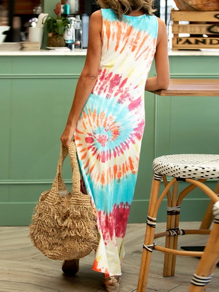 Robe Imprimée Taille Mi-longue Sans Manches Avec Blocs De Couleurs Et Longueur Cheville Pour Femmes