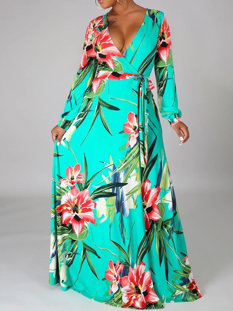 Robe Longue Fleurie À Manches Longues Et À Encolure En V Pour Femmes