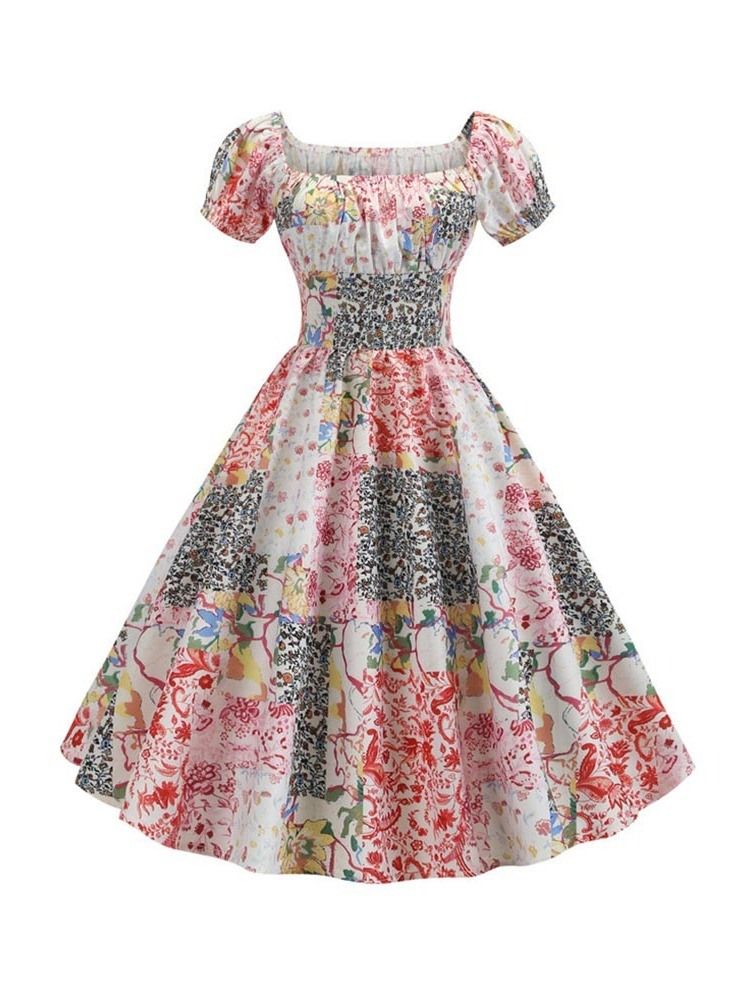 Robe Plissée Trapèze Imprimée À Manches Courtes Et Col Carré Pour Femme
