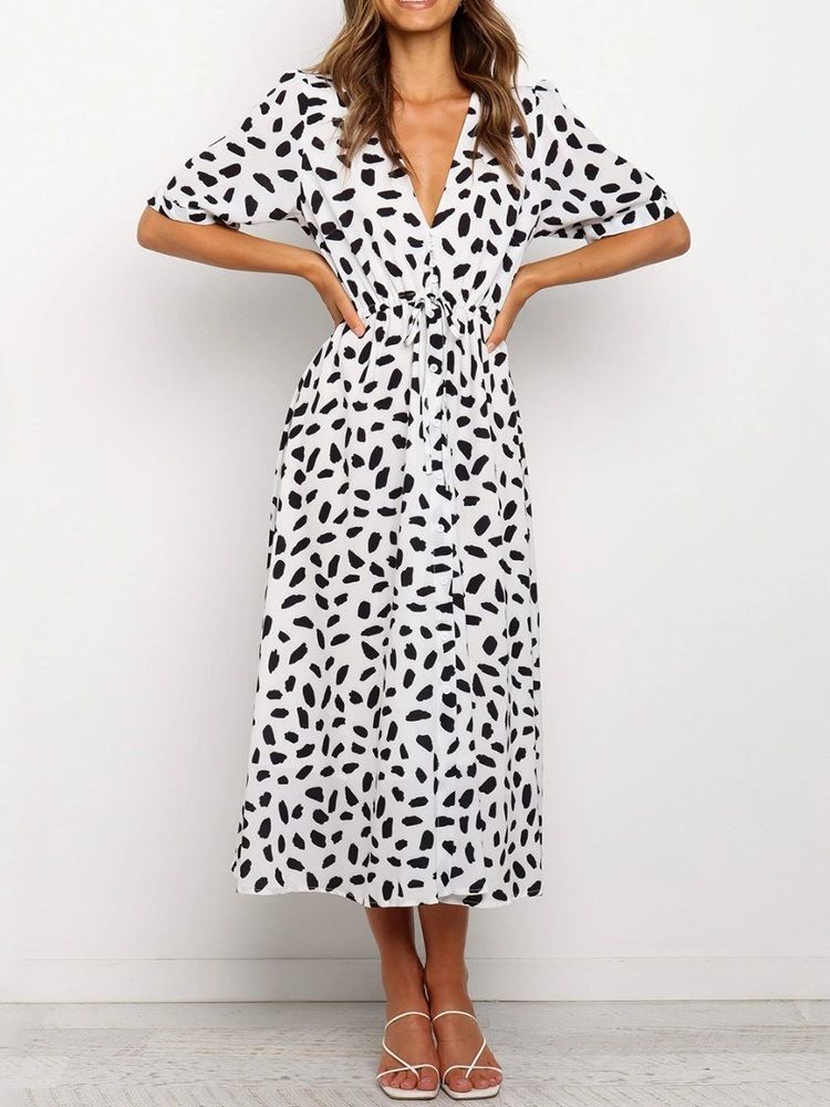 Robe Régulière À Col En V Et À Lacets Mi-mollet Pour Femmes