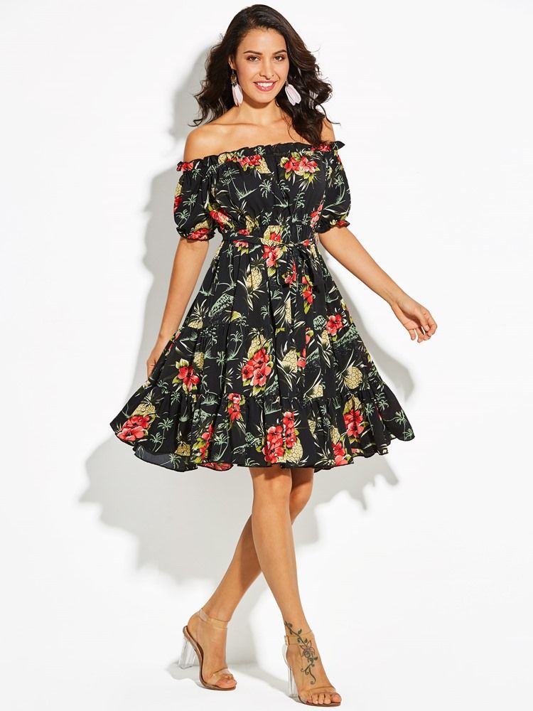 Robe Trapèze Pour Femme À Imprimé Floral Et Épaules Dénudées