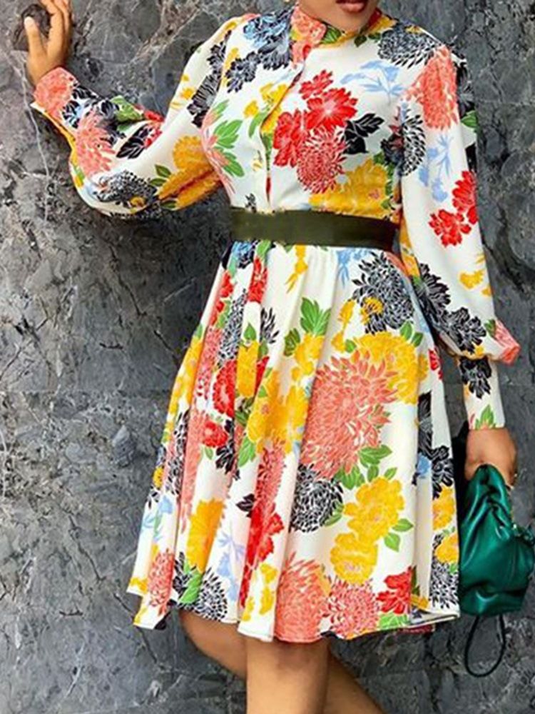 Robe Trapèze Simple Boutonnage À Manches Longues Et Col Roulé Pour Femmes