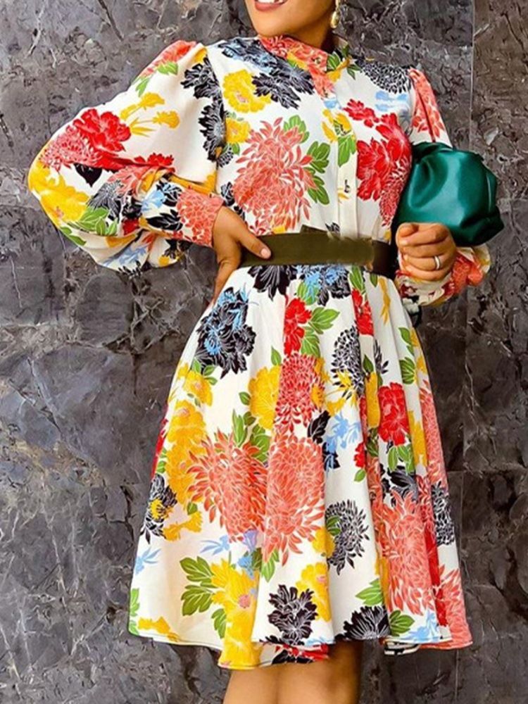 Robe Trapèze Simple Boutonnage À Manches Longues Et Col Roulé Pour Femmes
