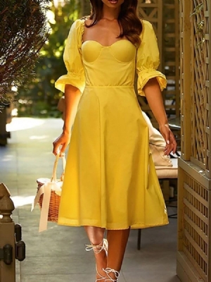 Robe Trapèze Unie À Manches Trois-quarts Et Mi-mollet Pour Femmes