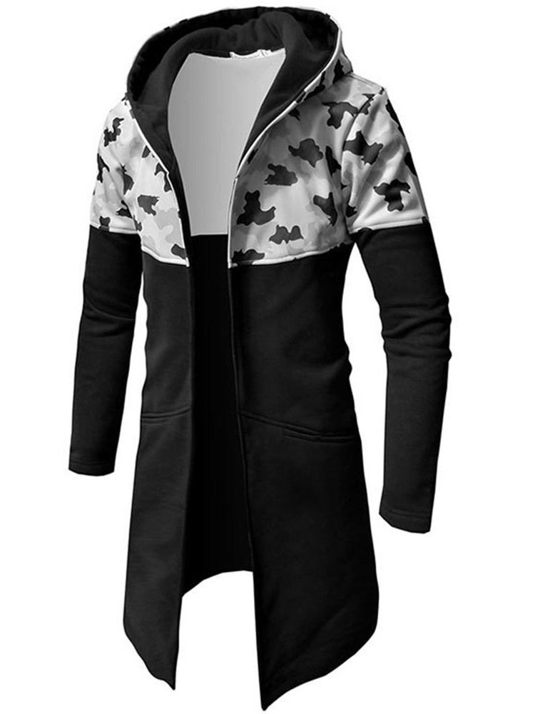 Trench-coat À Capuche Mi-long À Patchwork Camouflage Pour Hommes
