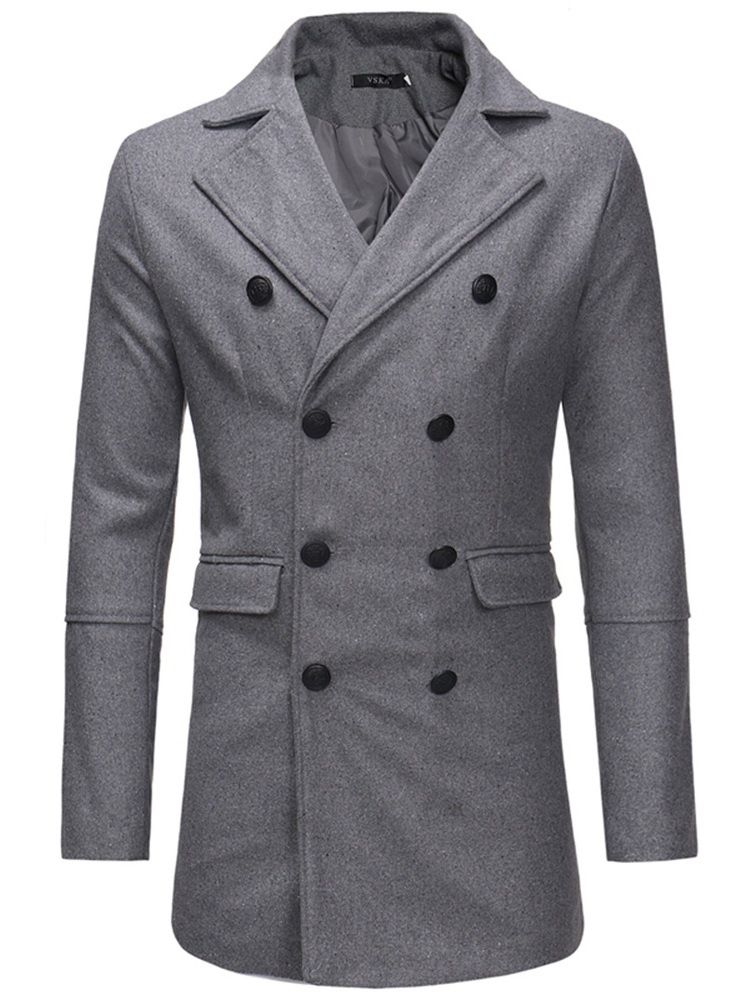 Trench-coat En Laine Mi-long Uni À Double Boutonnage Pour Hommes