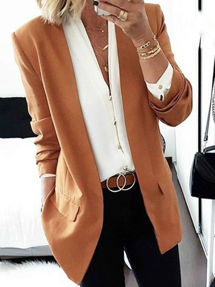 Blazer Décontracté Régulier Mi-long À Manches Longues Et À Revers Crantés Pour Femmes