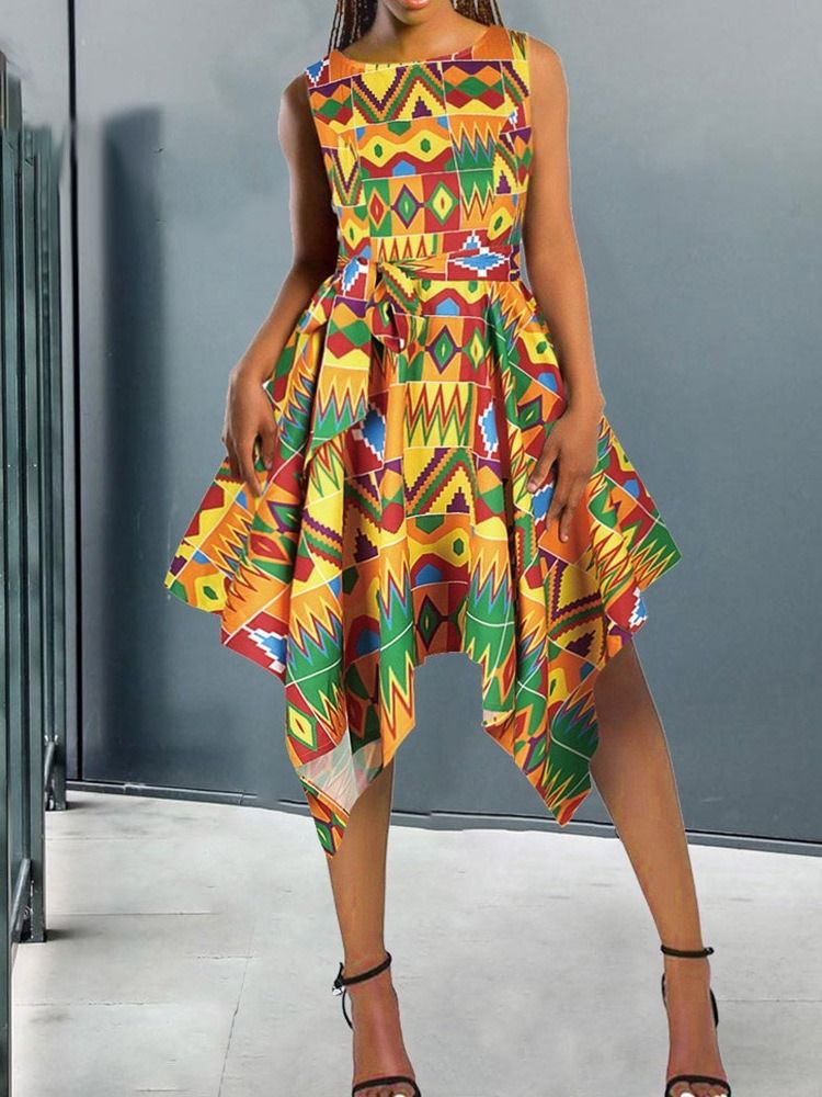Robe Asymétrique Sans Manches Mi-mollet À Col Rond Et Taille Moyenne Pour Femme
