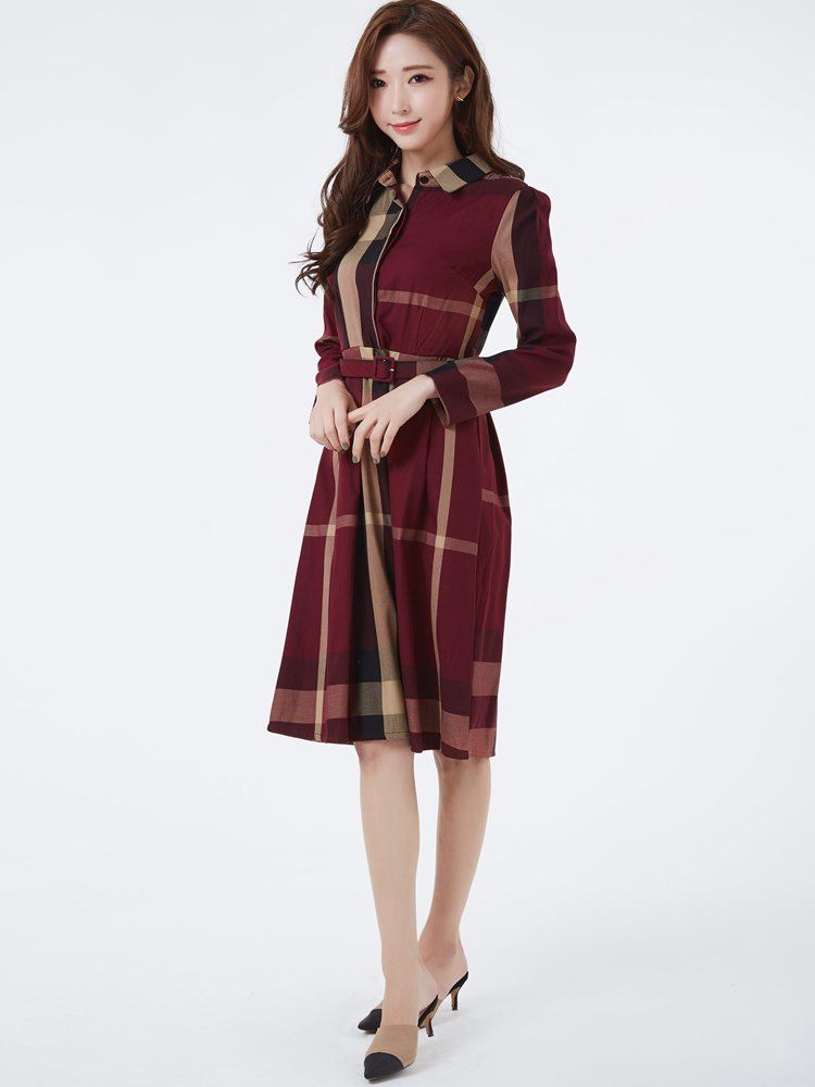 Robe Décontractée À Boutonnage Simple À Revers Avec Ceinture À Carreaux Pour Femmes