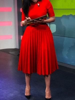 Robe Décontractée Taille Haute Plissée À Manches Courtes Et Col Rond Pour Femme
