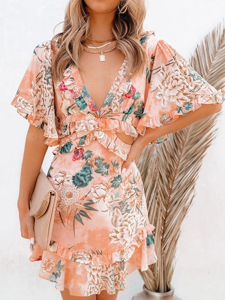 Robe Imprimée À Encolure En V Au-dessus Du Genou À Fleurs Pour Femmes
