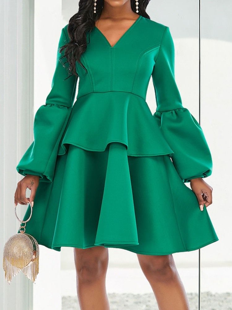 Robe Plissée Au Genou À Col En V Et Manches Lanterne Unie Pour Femmes