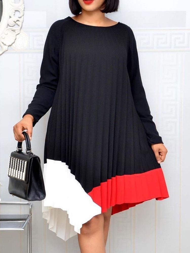 Robe Régulière Plissée À Col Rond Et Mi-mollet Pour Femmes
