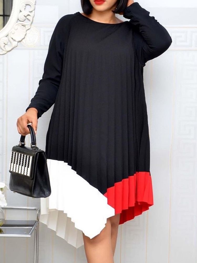 Robe Régulière Plissée À Col Rond Et Mi-mollet Pour Femmes