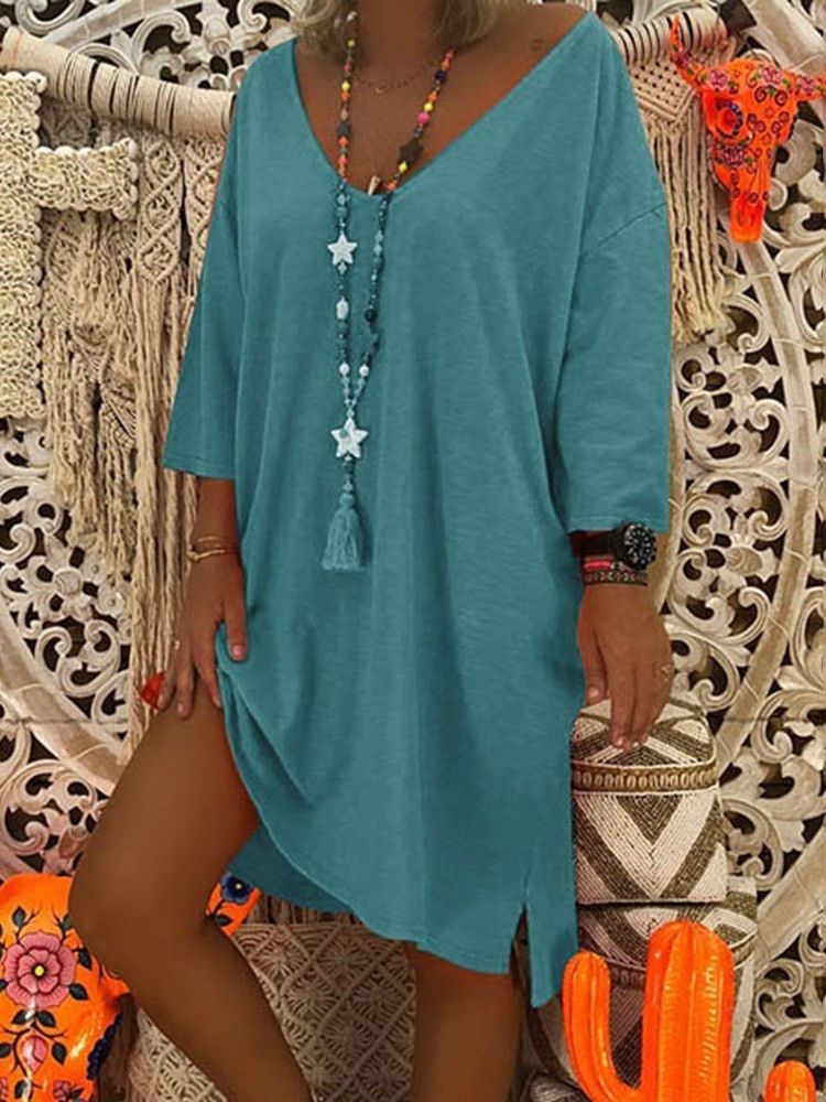 Robe Simple Décontractée Unie Asymétrique Au Genou À Col En V Pour Femmes
