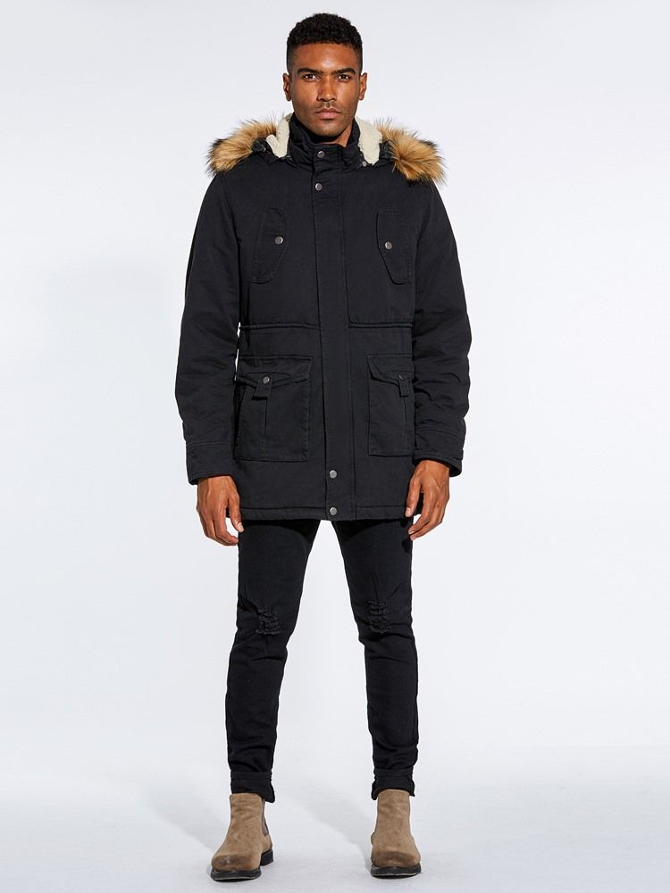Veste D'hiver Pour Hommes À Capuche En Fourrure Unie Avec Poche Zippée