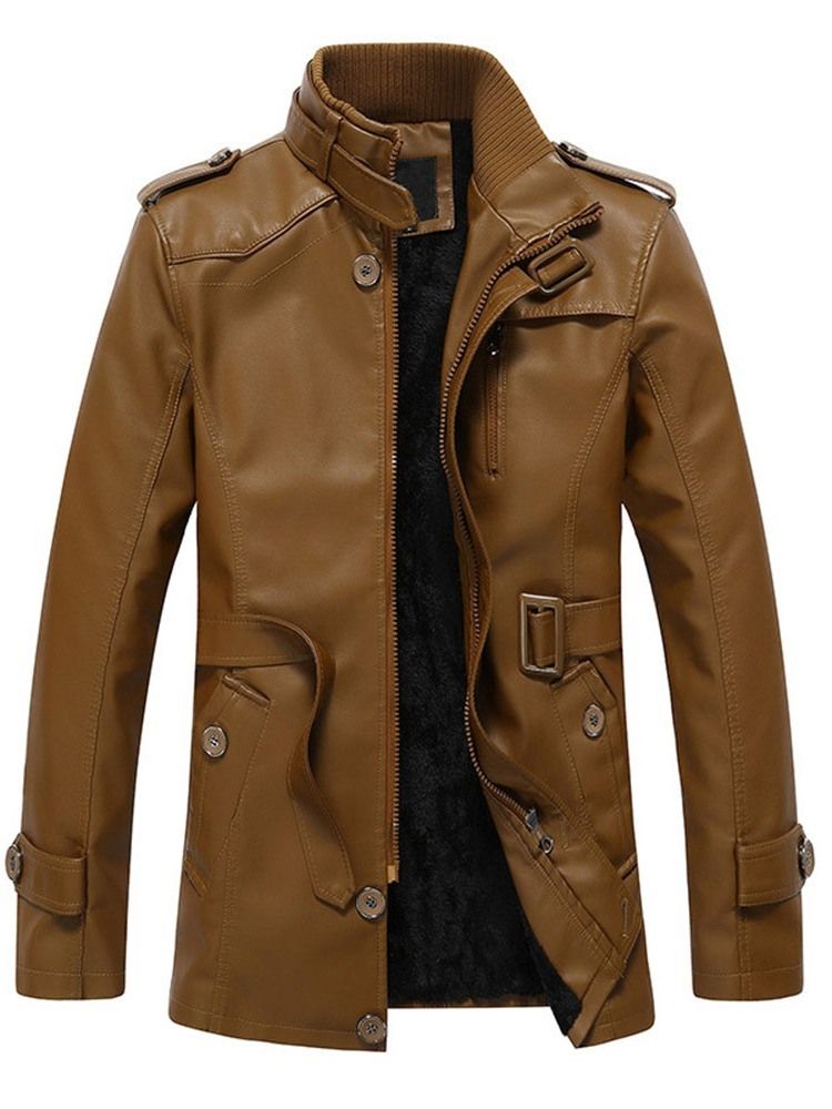Veste En Cuir Mince À Fermeture Éclair Unie Standard À Col Montant Pour Hommes